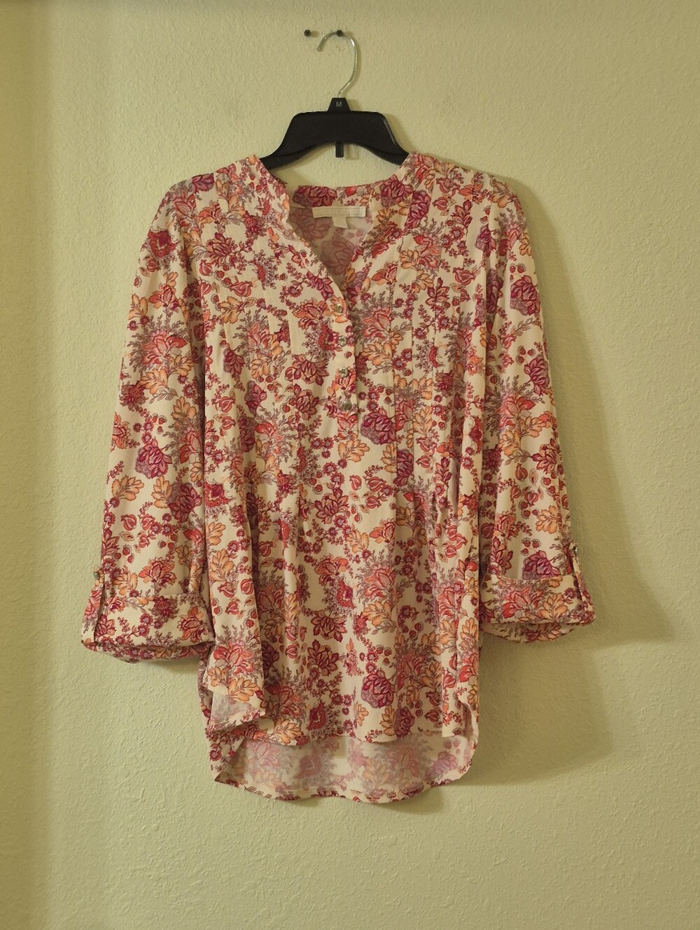 Relaxed Floral Button-Front Tunic Top - Pink/Cream